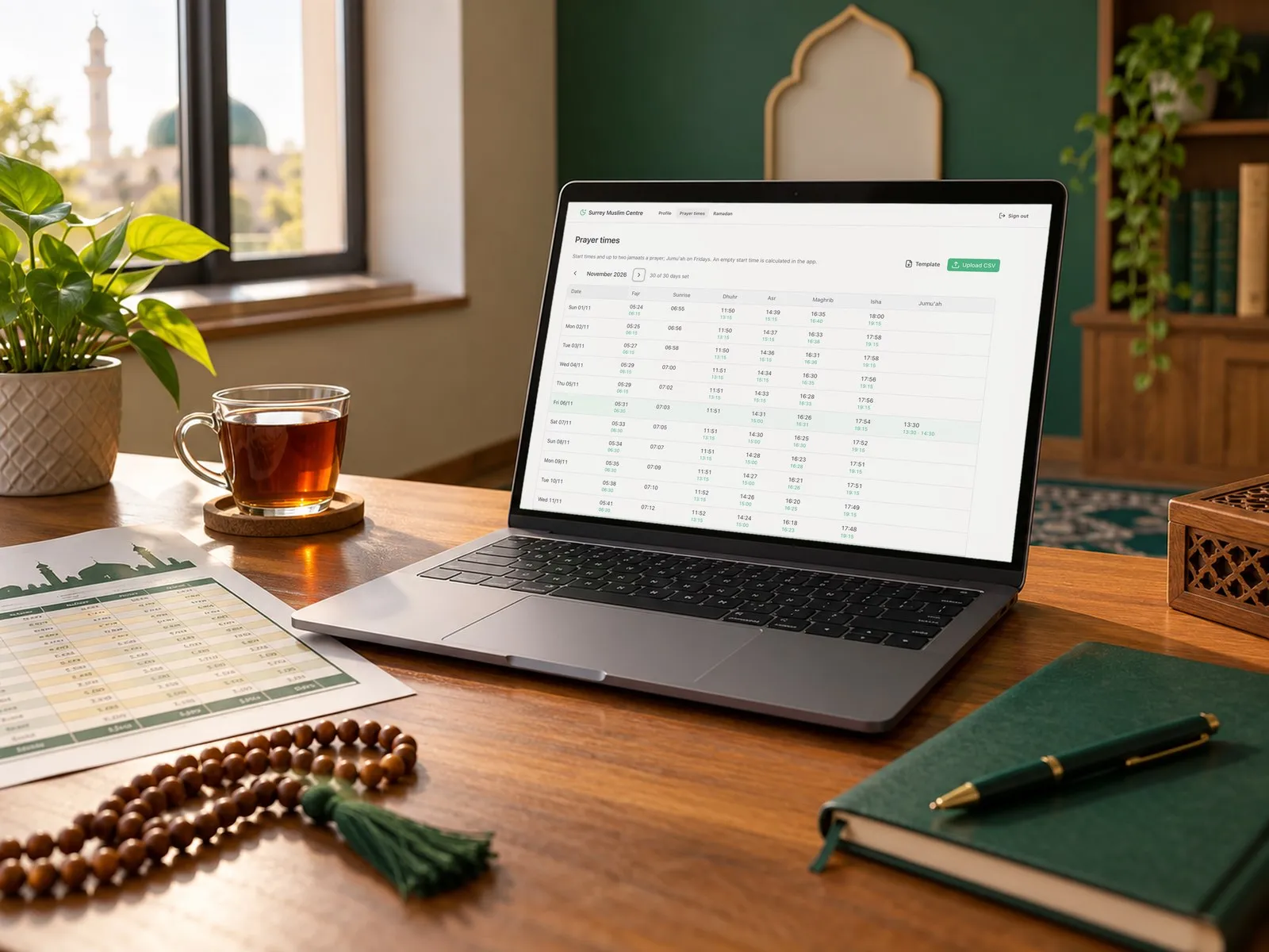 A laptop on a desk showing the Masjid App mosque dashboard with a month of prayer and jamaat times