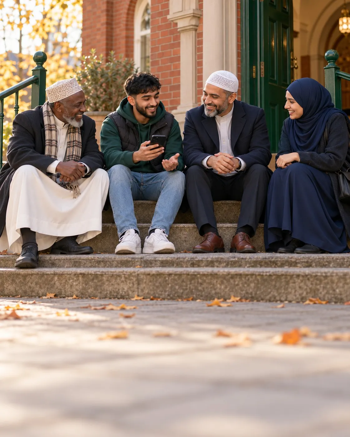 Worshippers chatting on the steps of a UK mosque, one showing Masjid App on his phone